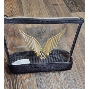 Victorias Secret Clear Makeup Bag Gold Angel Wings Black Pebbled Trim Pouch
